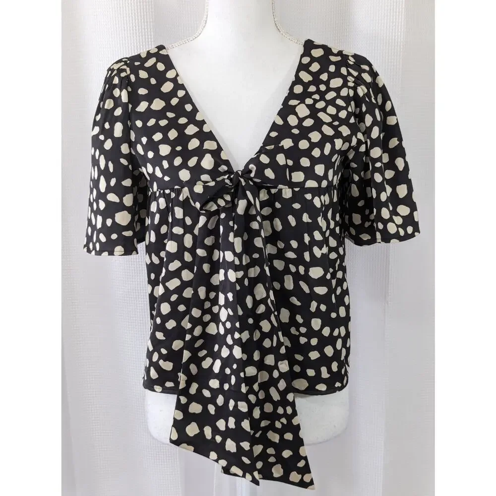 LOFT! BLACK, TAN SATINY PUFF SLEEVE, BOW BACK SPECKLED TOP, BLOUSE, SHIRT! SZ XS
